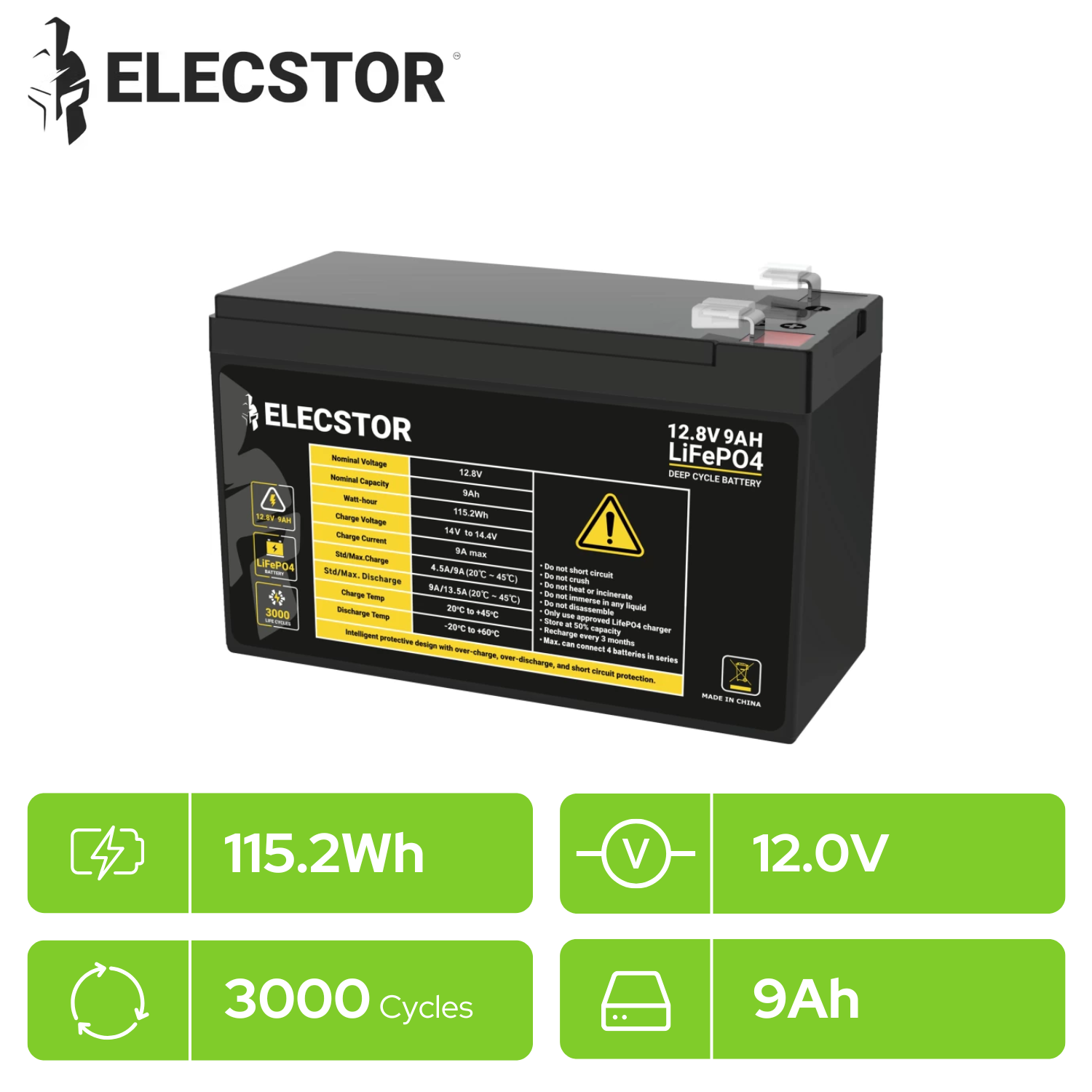 Elecstor 12V 9Ah LIFEPO4 Battery